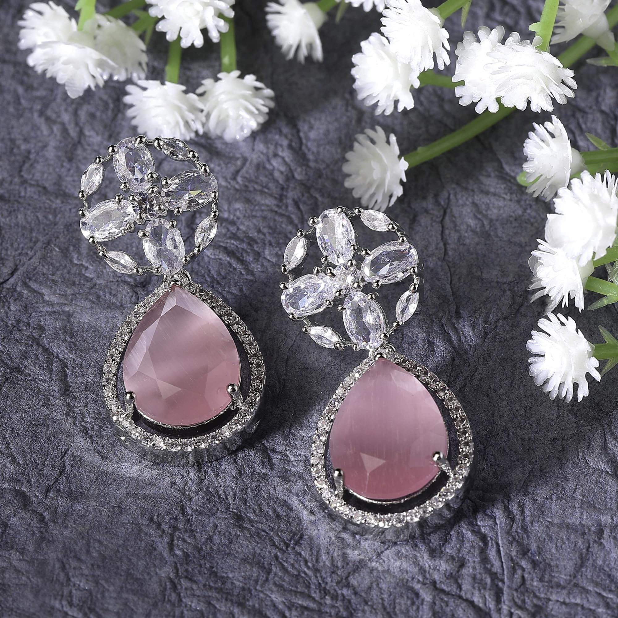 Rhodium Teardrop & Floral Drop Earrings